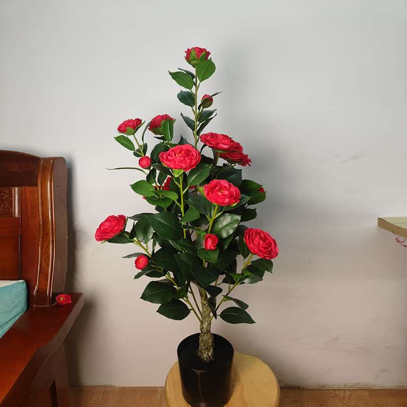 仿真茶花树山茶花人造绿植盆栽家居装饰落地 摆件室内轻奢仿真花