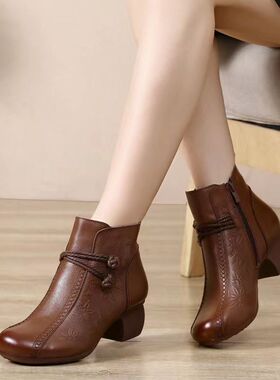 【下单立减50】H妈妈棉鞋冬季新款民族风软皮圆头粗跟短靴XZ424