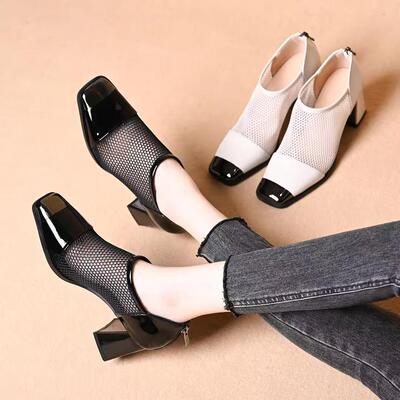 【下单立减50】h轻职风短靴透气方头英伦镂空方根高跟网靴XZ514