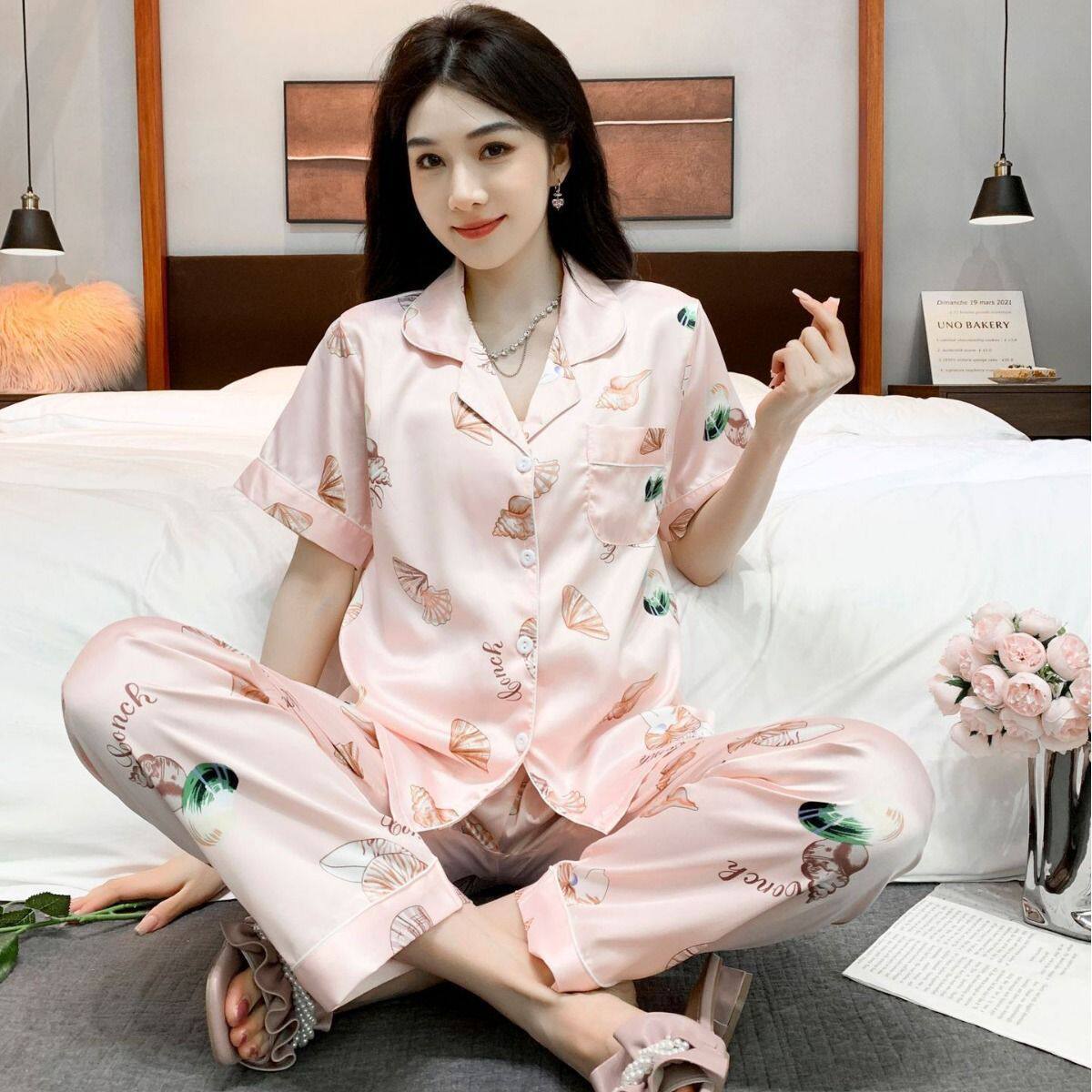 【下单立减50】H爆款冰丝睡衣女夏季薄款短袖长裤套装家居服NY109