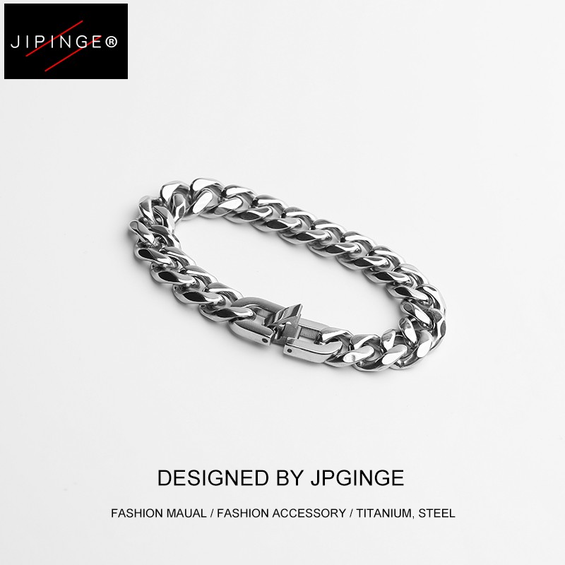 JIPINGE 欧美古巴手链复古钛钢嘻哈简约个性情侣冷淡风手环男女潮