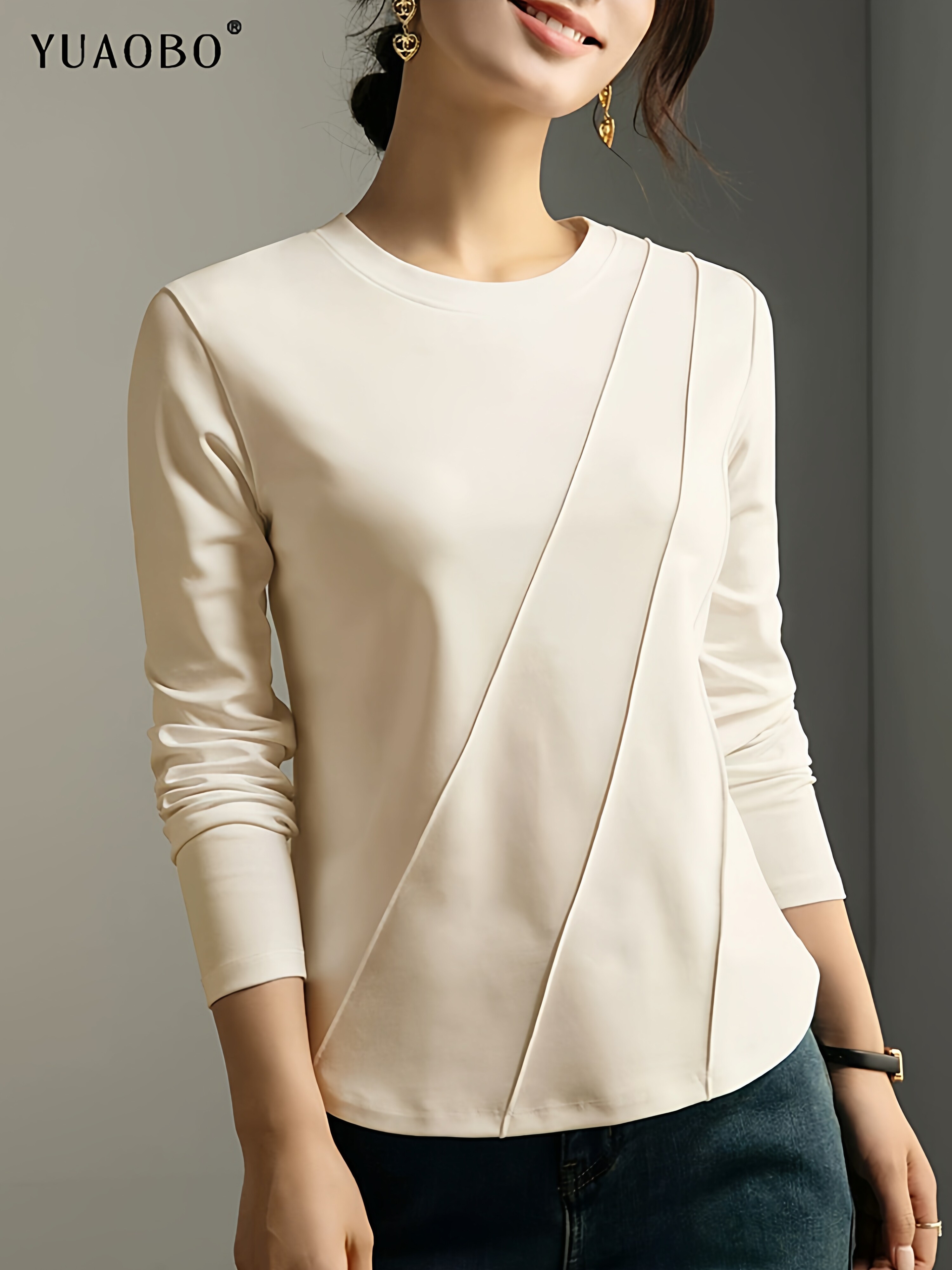 正肩长袖t恤女春秋季新款透气吸汗长绒棉大码显廋圆领打底衫上衣