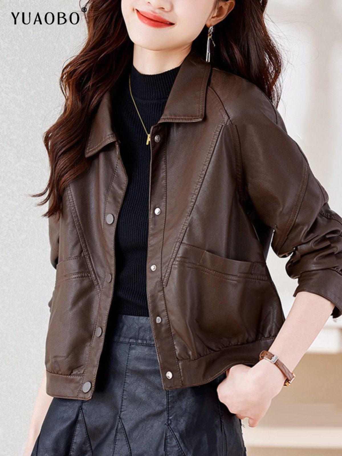 皮衣女宽松外套秋冬新款棕色高级感时尚洋气加绒小个子皮夹克外套,女装/女士精品,皮衣,淘宝优惠券,粉丝福利购,淘宝优惠卷