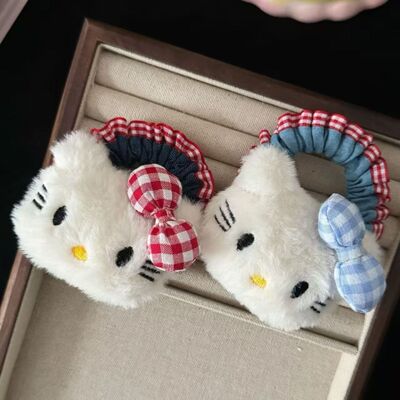 hellokitty头绳蓝色格子猫咪牛仔发圈日系甜美高颜值少女马尾发绳