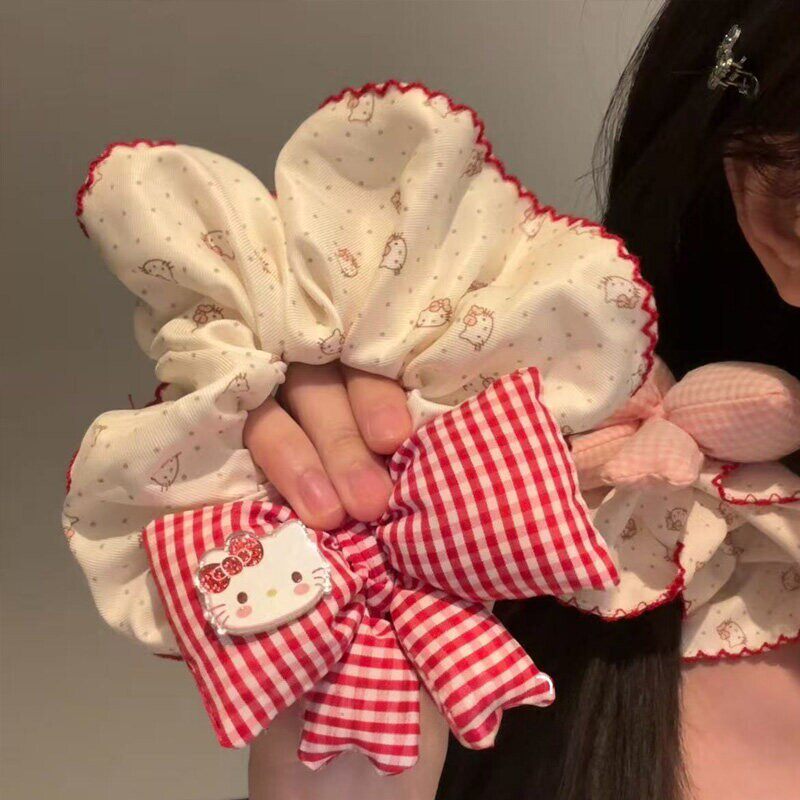 甜美红色卡通kt蝴蝶结花边大肠发圈女超大丸子头扎发头绳百搭头饰