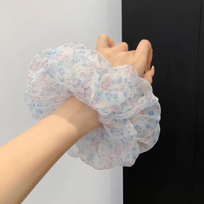 原创蓝色碎花网纱大肠发圈