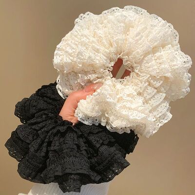 百搭慵懒风蕾丝褶皱白色大肠发圈