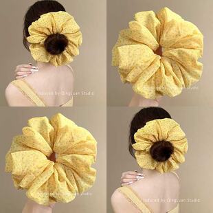 新款花黄嫩黄色碎花雪纺大肠发圈温柔超仙小众高级丸子头绳发绳女