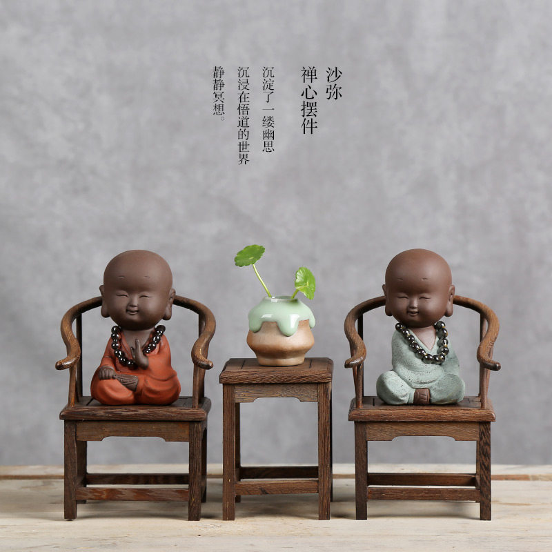 新中式禅意小和尚家居饰品创意小摆件鸡翅木太师椅客厅摆设装饰品