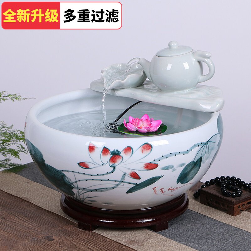 景德镇陶瓷鱼缸流水家用喷泉加湿造景客厅小金鱼缸手绘乌龟养鱼盆
