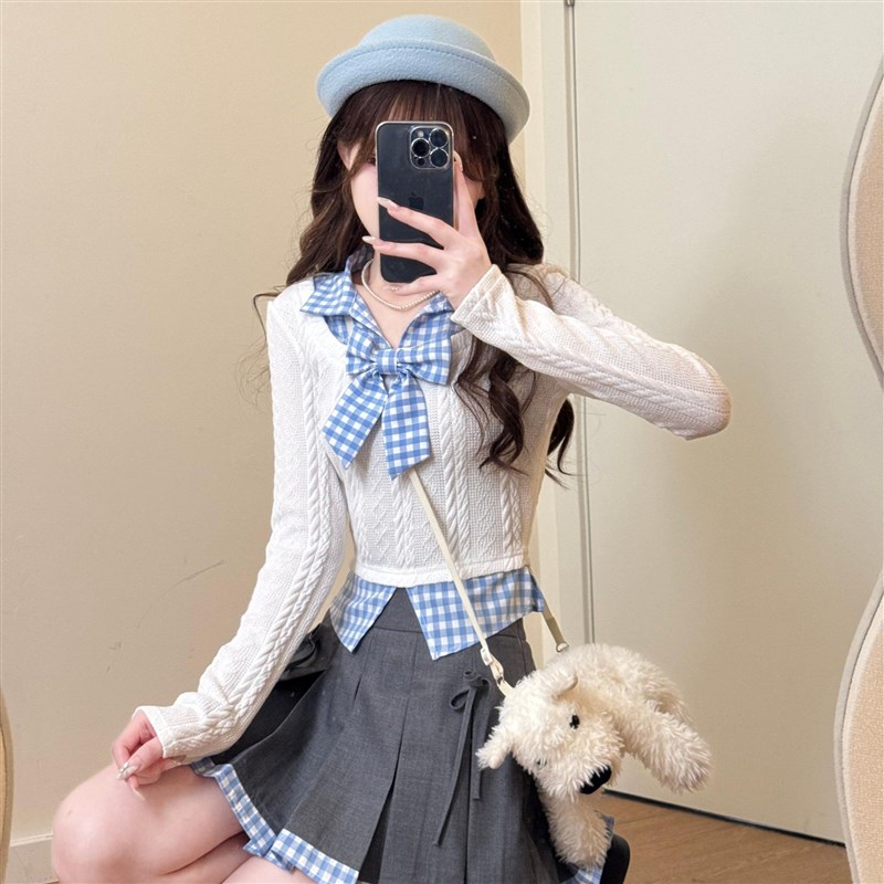 织物猪 春野森会 韩系学院风套装女春假两件针织打底衫短裙两件套