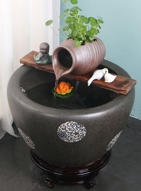 陶瓷鱼缸石槽古法养鱼水循环装饰陶罐流水造景摆件水池花园喷泉