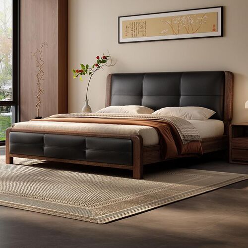 现代简约黑胡桃木全实木床榫卯结构1米8双人床宋代美学主卧大床