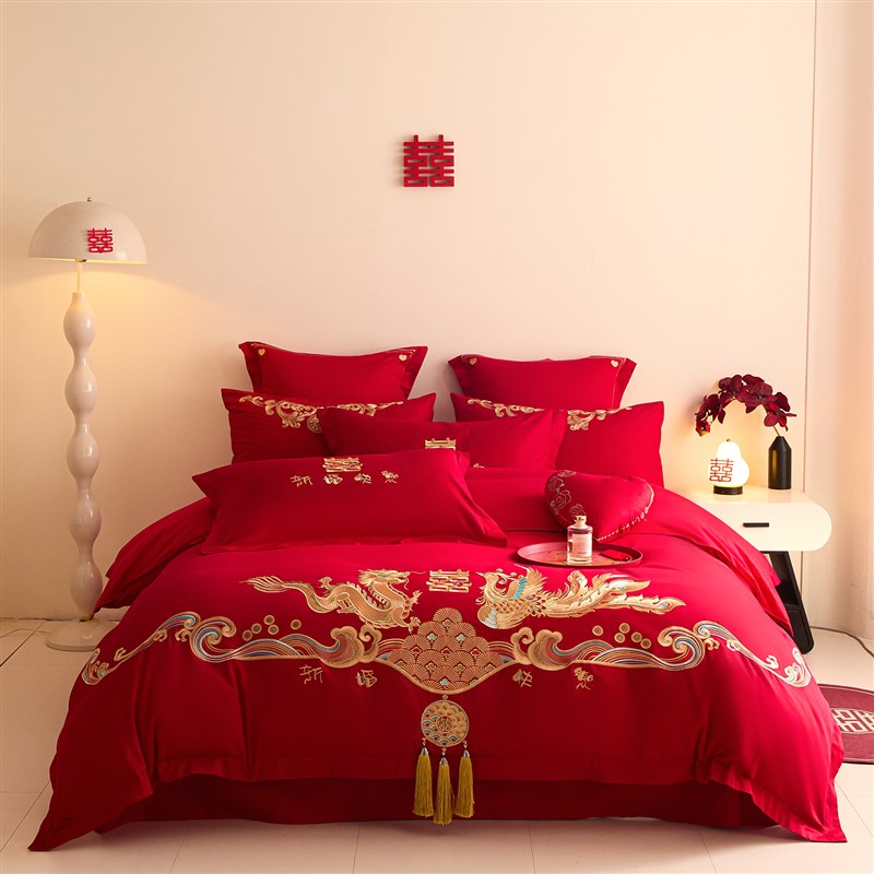 中式大红色婚庆被套四件套全棉床盖喜庆结婚床上六十多件套床单
