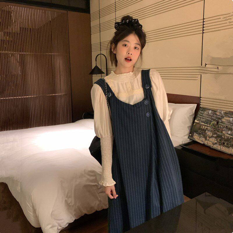 孕妇装小众春装套装2025年新款时尚背带裙N宽松大码条纹衬衫蕾丝