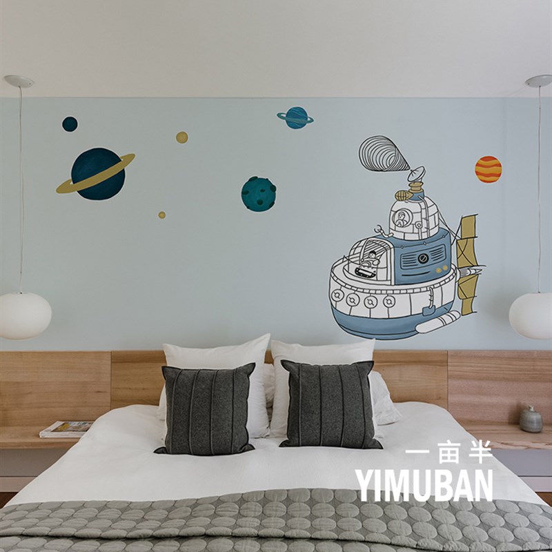 现代简约儿童房壁纸壁布星球宇宙飞船男女孩卧室床头背景墙纸墙布