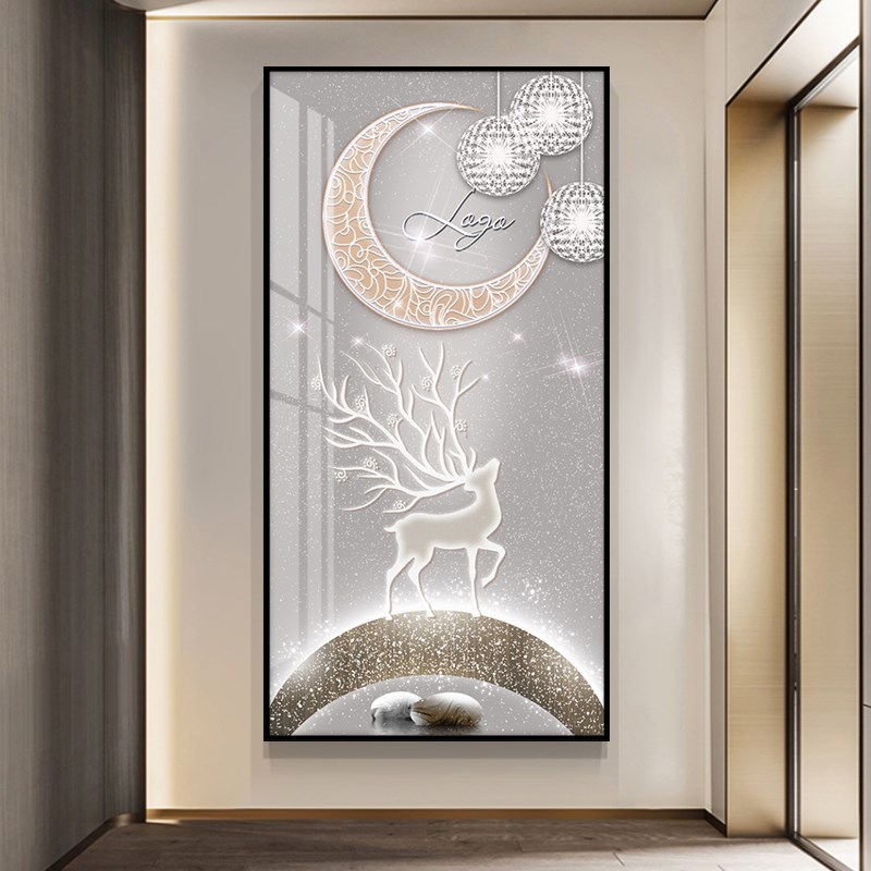 入户玄关装饰画走廊过道墙壁画竖版现代简约玄幻晶瓷挂画月照灵鹿图片