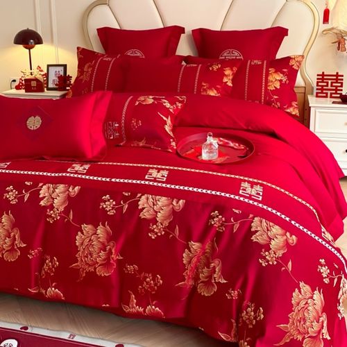 中式刺绣结婚四件套大红色新婚床单被套纯棉婚庆床上用品婚房陪嫁