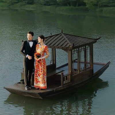 木船观光船中式仿古餐饮旅游船婚礼摄影景观装饰船电动手划乌篷船