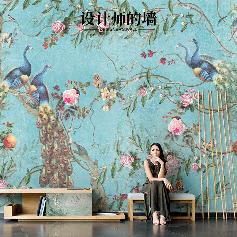 法式田园墙纸高级感沙发背景墙孔雀壁布墙布客厅电视机.背景布壁