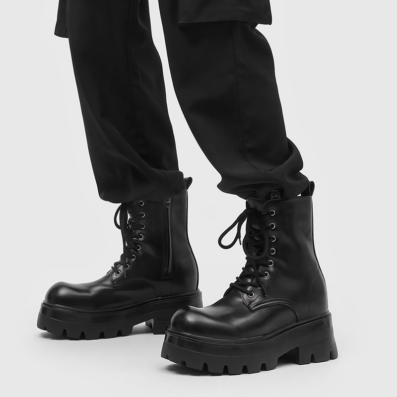 隐形内高增加鞋10厘米英式风格黑色靴子男士厚底侧拉炼摩托车中顶
