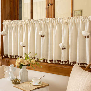 厨房短帘半帘门帘l遮阳纱帘窗帘遮挡帘窗户魔术贴免打孔纱飘窗遮