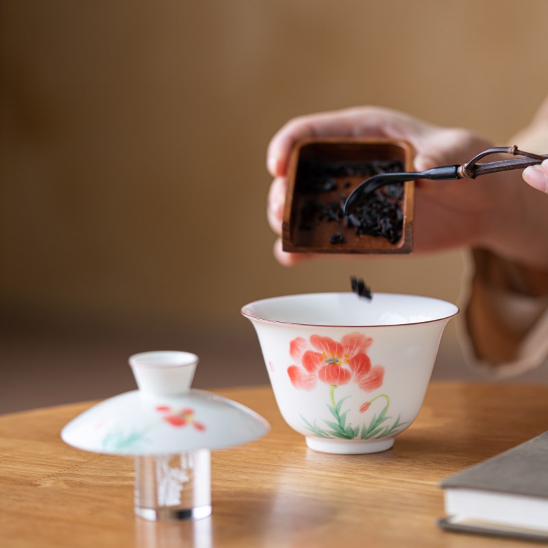 画续白瓷纯手绘扶桑花二才泡茶盖碗单个功夫茶具陶瓷中式不烫手