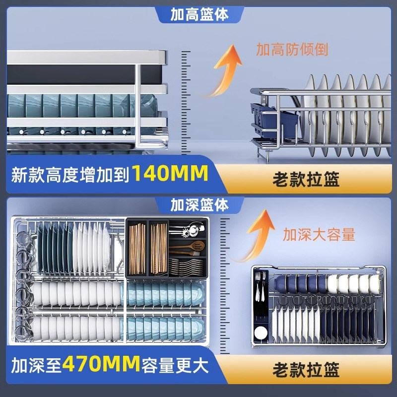 拉篮厨房橱柜304不锈钢双层抽屉式碗架收纳碗碟厨柜碗篮拉蓝