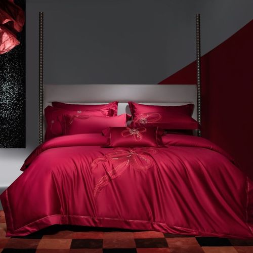 高定140支长绒棉结婚四件套大红色刺绣被套婚庆喜被婚嫁床上用品4