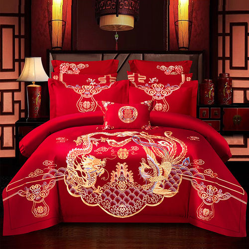 高端婚庆四件套大红刺绣结婚房喜庆龙凤提花床品六十件套床单被套