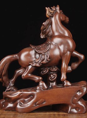 实木雕刻马到成功摆件家居客厅生肖马工艺品办公室书房乔迁装饰品