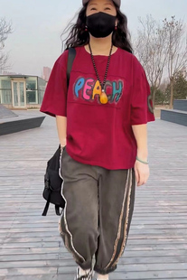 两件套装 水洗牛仔老爹裤 女2024年夏v季 印花T恤 显瘦潮 新款 时尚