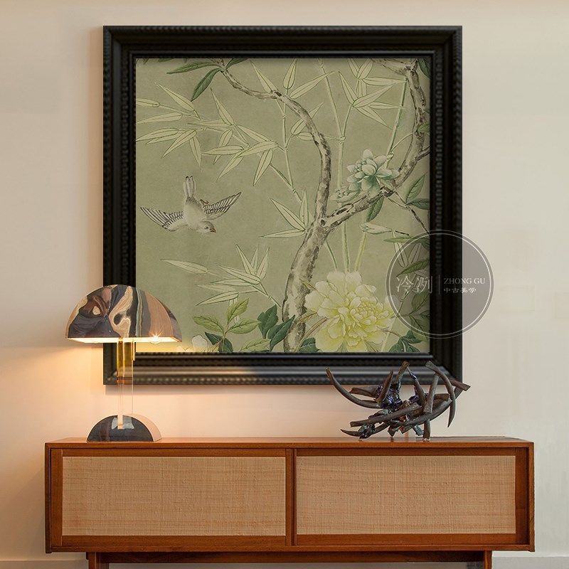 法式中国风花鸟图绿色系复古手绘油画客厅餐厅挂画玄关过道装饰画
