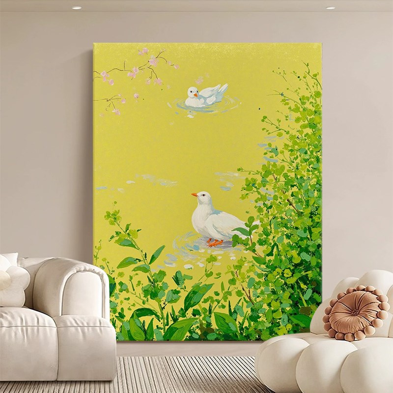 湖中白色鸽子手绘油画简约风玄关餐厅挂画抽象绿植客厅落地装饰画