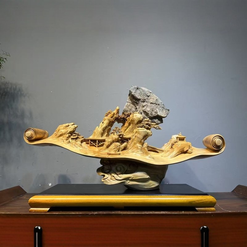 崖柏根雕摆件江山如画实木雕刻工艺品客厅玄关装饰品茶室酒店送礼