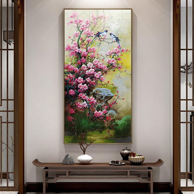 新中式喜上眉梢花鸟纯手绘油画客厅装饰画玄关梅花走廊过道挂画