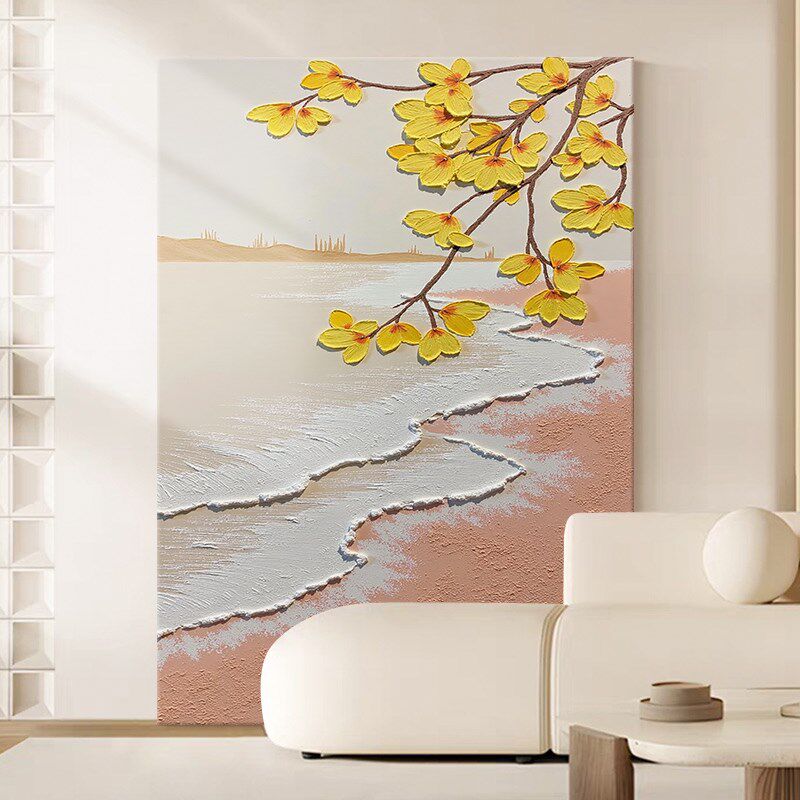 玄关抽象植物花卉肌理挂画客厅奶油风手绘油画大海沙滩风景装饰画