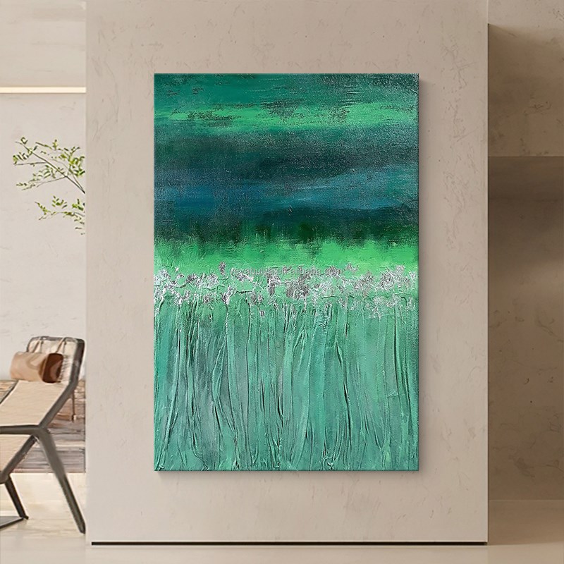 客厅背景墙装饰画抽象绿色植物风景手绘油画肌理意式简约玄关挂画