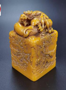 古玩收藏仿寿山石雕老田黄色浮雕九龙印章印面6*6CM客厅装饰摆件