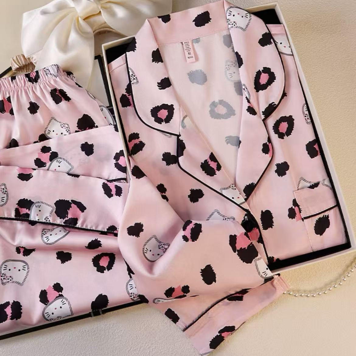 豹纹Kt猫真丝睡衣女秋冬季可爱薄款两件套家居服送女友闺蜜礼盒装