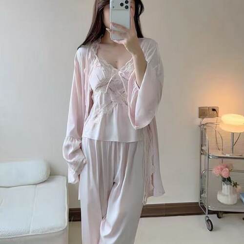 高级感真丝睡衣女秋冬季带胸垫