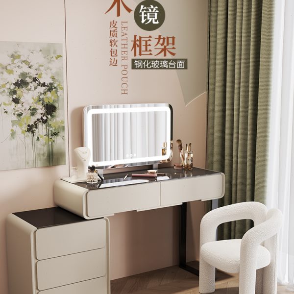实木岩板梳妆台奶油风全实木斗柜现代简约收纳柜化妆台一体化妆桌