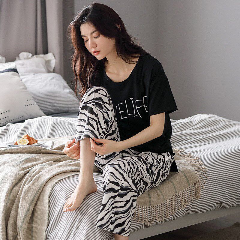 超柔软莫代尔睡衣女夏天套头凉感棉短袖长裤家居服套装黑色可外出