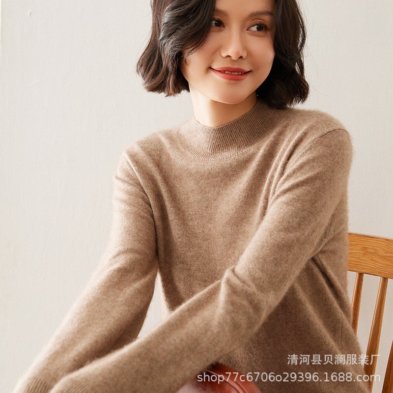 秋冬新款羊绒女士半高领宽松纯色百搭羊绒毛衣保暖针织内搭打底衫