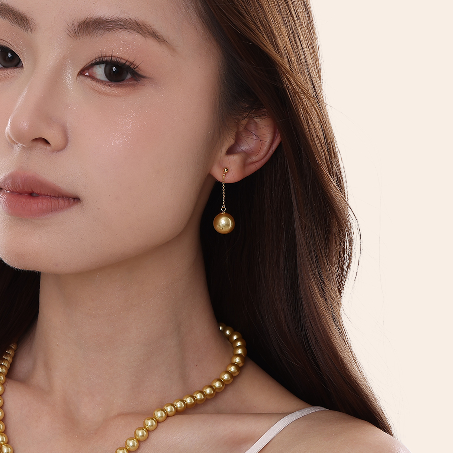 风在吹施家正圆强光珍珠耳饰S925纯银耳钉南洋金珠高级感长款耳线