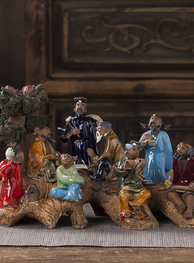 美吔手工石湾陶瓷八仙过海曹国舅蓝采和假山盆景鱼缸造景书房装饰