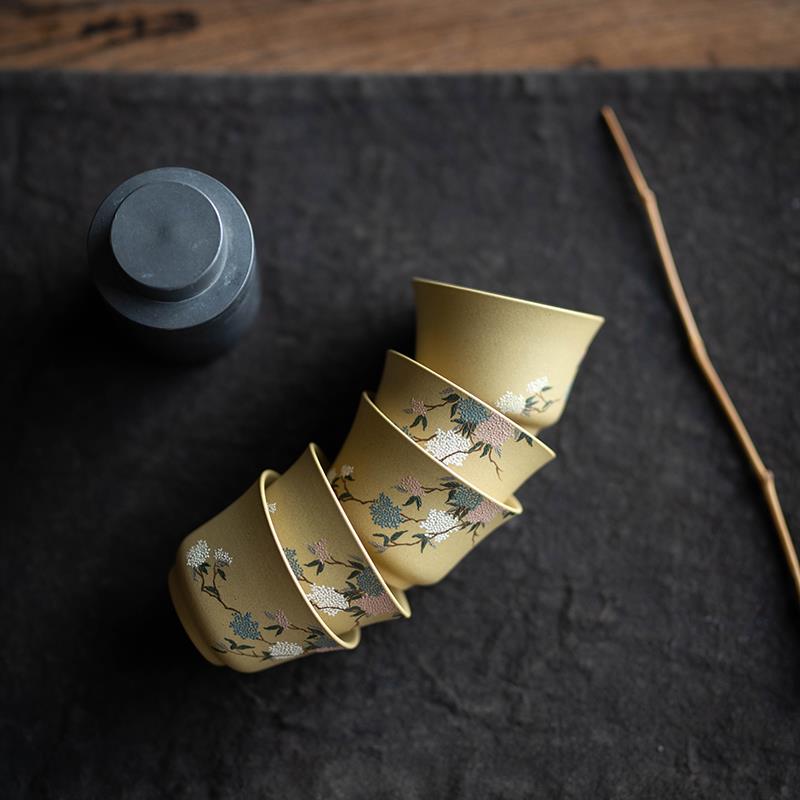 端宜兴紫砂茶杯 金黄段泥 朱泥 品茗杯 口杯 杯 手工泥绘
