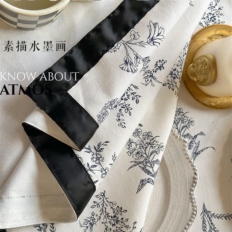 法式中古风黑边棉麻桌布复古印圆桌长正方形餐桌布茶几宫廷风