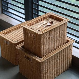 塑料仿藤编橱柜衣物整理储物箱 北欧风收纳箱带盖 杂物收纳筐大号