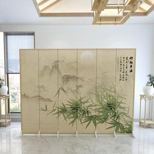 简约竹子月亮屏风隔断禅意茶馆会所可折叠移动茶室餐厅折屏 新中式